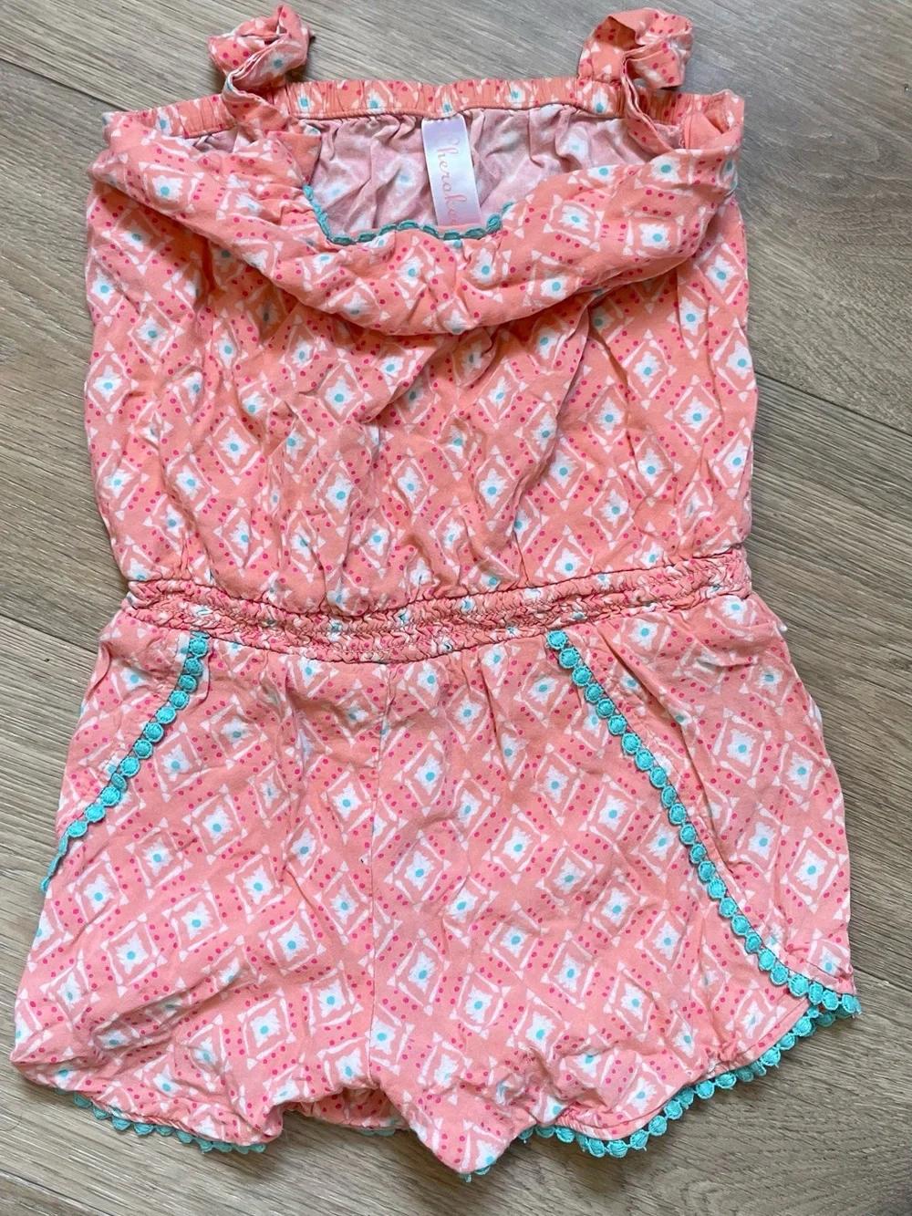 Cherokee Coral Pink Patterned Girls Romper with Teal Trim